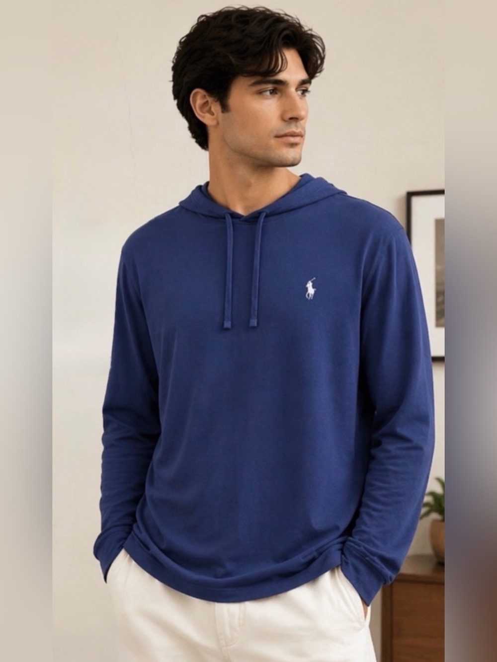 Polo Ralph Lauren Long Sleeve Hooded Tee Shirt Men's Cotton Blue White, Large